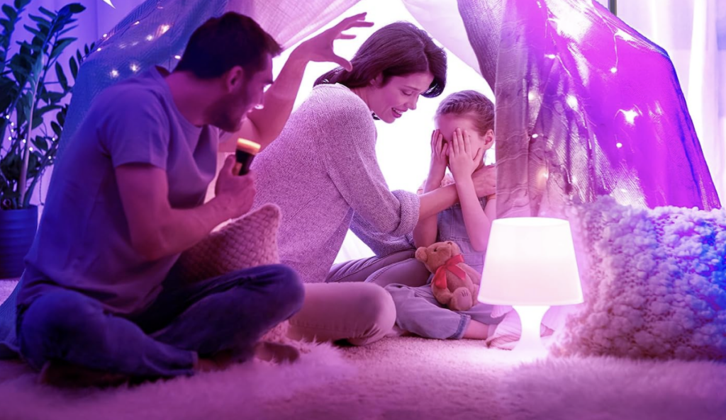 Linkind smart bulbs in tent with family