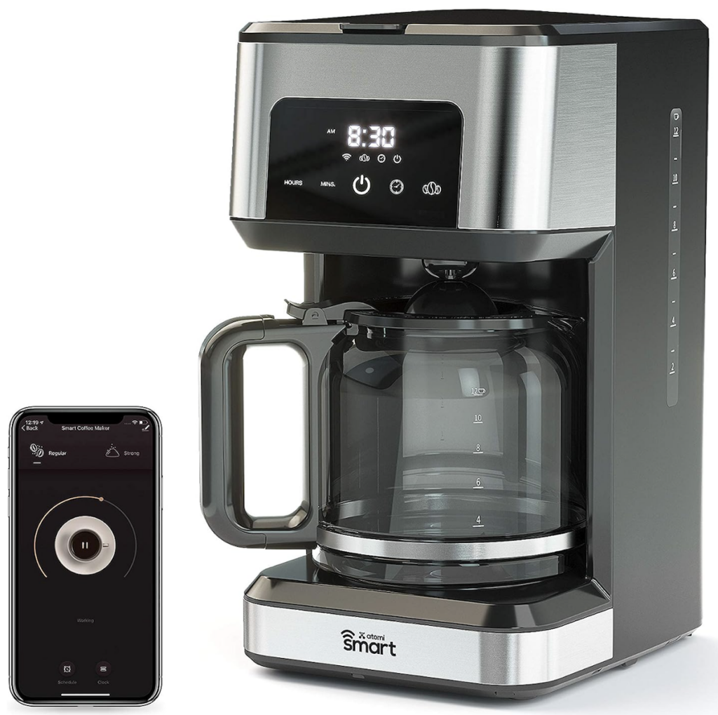 Atomi smart coffee maker in black and stainless steel