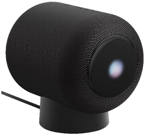 black homepod stand and Apple HomePod 2
