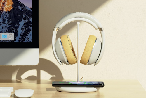 headphone stand and wireless charging station on desk