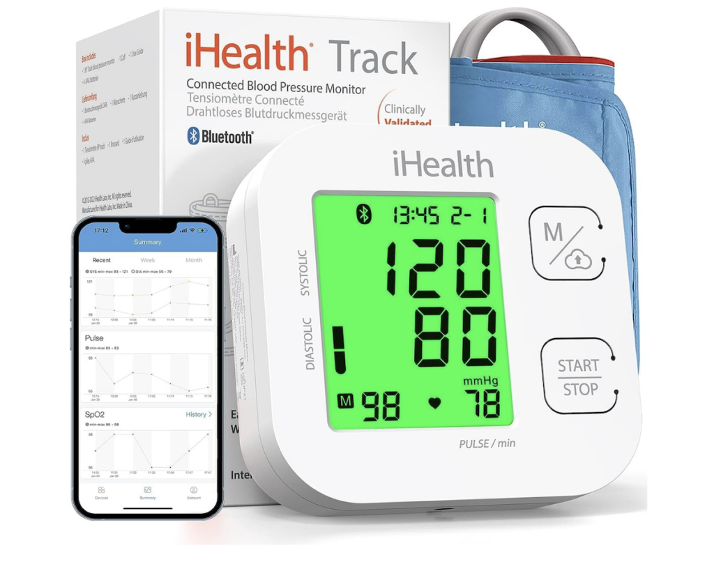 smart blood pressure monitor next to smartphone and product box