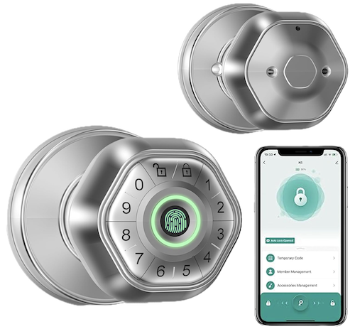 Bog Fang silver biometric smart door knob next to smartphone