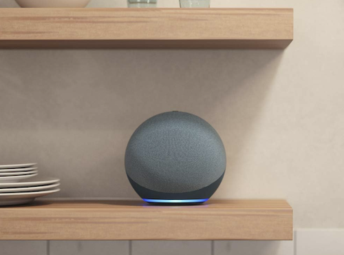 Amazon Echo on kitchen shelf