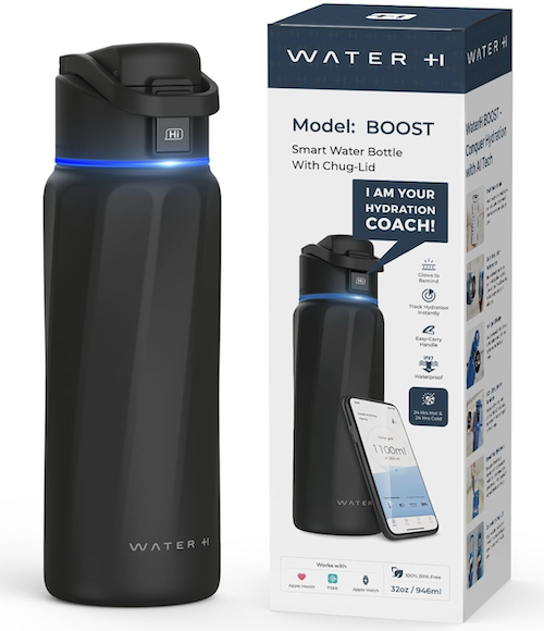 Boost black smart water bottle and product box