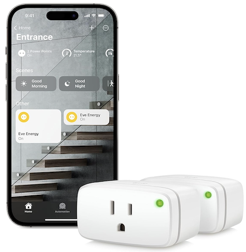 Eve Energy smart plugs next to iPhone