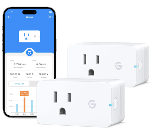 Govee energy-monitoring smart plugs next to iPhone