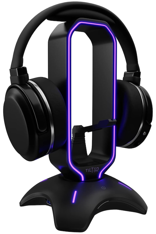 black and purple gaming headset stand