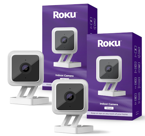 pair of Roku indoor security cameras and their product boxes