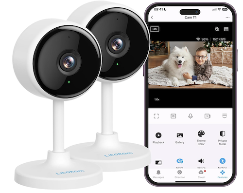 Two indoor security cameras next to smartphone